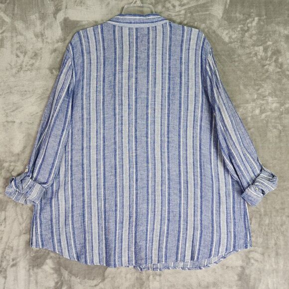 Susan Graver Blouse Womens XL Blue Stripe Linen Blend Cross-Dyed Button Tunic - Picture 2 of 10
